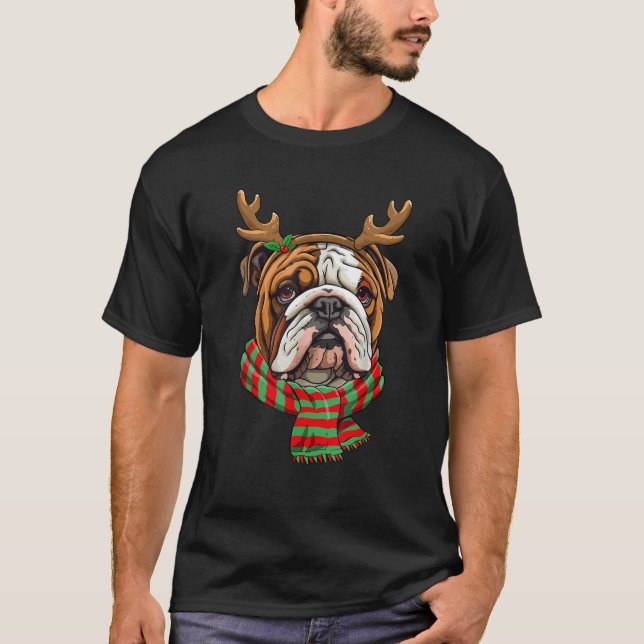 English Bulldog Dog Christmas Reindeer Santa Hat F T-Shirt (Front)