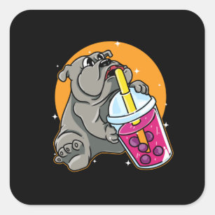 English Bulldog Dog Drinking Boba Tea Square Sticker