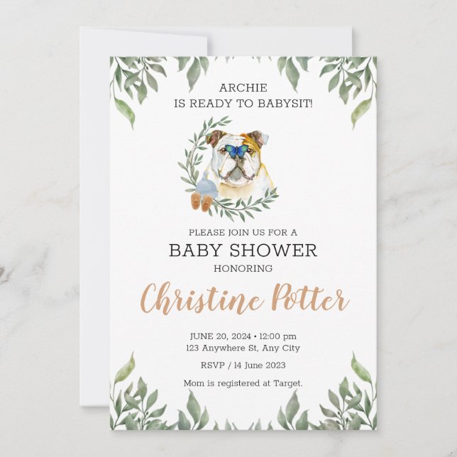 English Bulldog Dog Greenery Boho Baby Shower Invitation (Front)