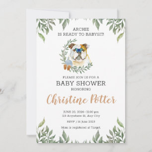 English Bulldog Dog Greenery Boho Baby Shower Invitation