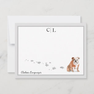 English Bulldog Dog Grey Border Monogram & Name Card