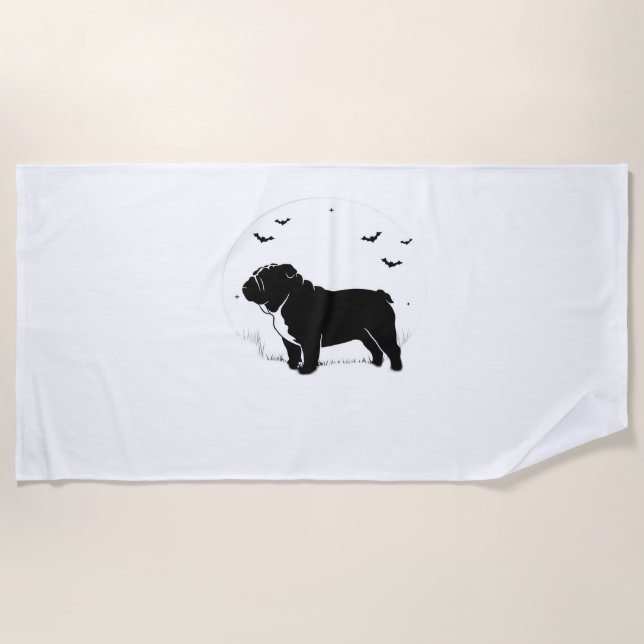 English Bulldog Dog – Halloween Moon Silhouette Ov Beach Towel (Front)