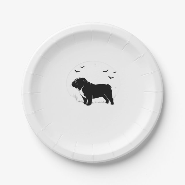 English Bulldog Dog � Halloween Moon Silhouette Ov Paper Plate (Front)
