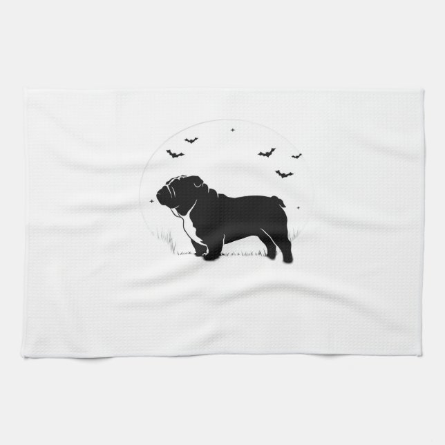 English Bulldog Dog � Halloween Moon Silhouette Ov Tea Towel (Horizontal)