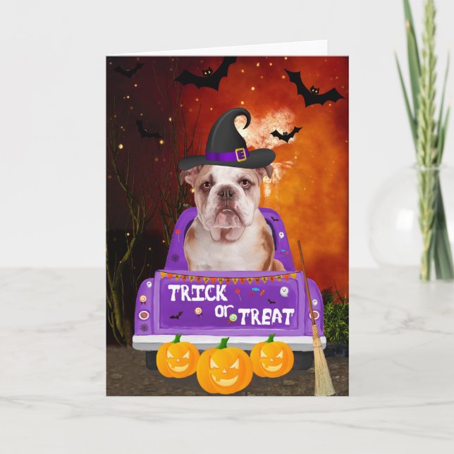 English Bulldog Dog in Halloween Truck Card (Front)