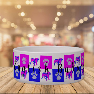 English Bulldog Dog & Paw Hot Pink & Blue Pet Bowl