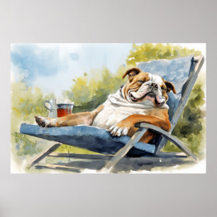 English Bulldog Dog Relaxing In Garden Animal Fun  Poster