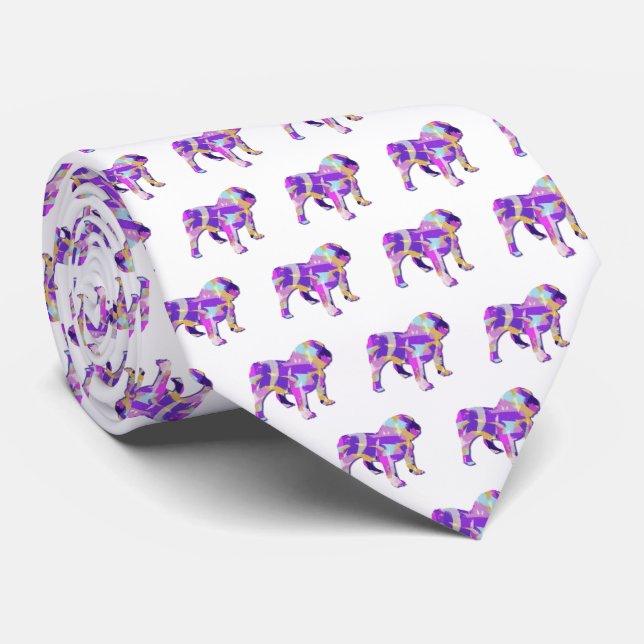 English Bulldog Dog Silhouette Purple White Neck Tie (Rolled)