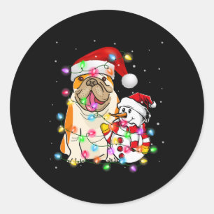 English Bulldog Dog Snowman Santa Hat Lights Classic Round Sticker