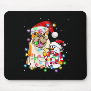 English Bulldog Dog Snowman Santa Hat Lights Mouse Mat