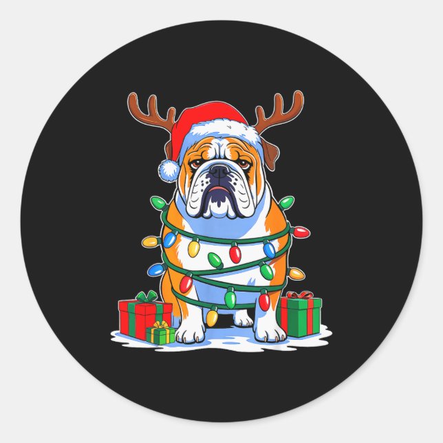 English Bulldog Dog Tree Christmas Lights Funny Xm Classic Round Sticker (Front)