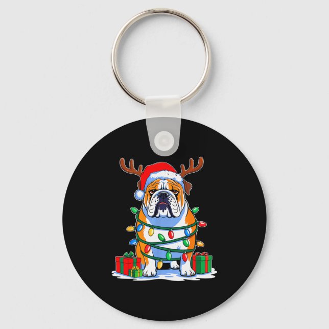 English Bulldog Dog Tree Christmas Lights Funny Xm Key Ring (Front)