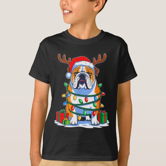 English Bulldog Dog Tree Christmas Lights Funny Xm T-Shirt (Front)
