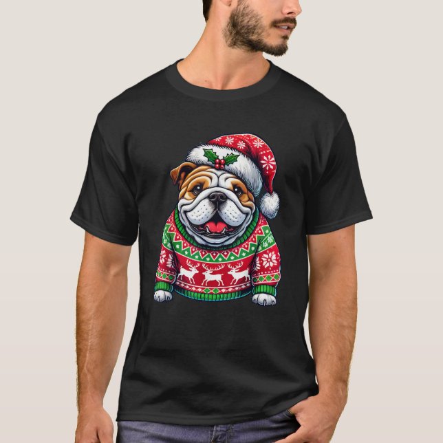 English Bulldog Dog Ugly Sweater Santa Hat Christm (Front)
