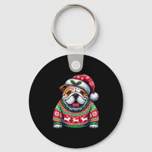 English Bulldog Dog Ugly Sweater Santa Hat Christm Key Ring