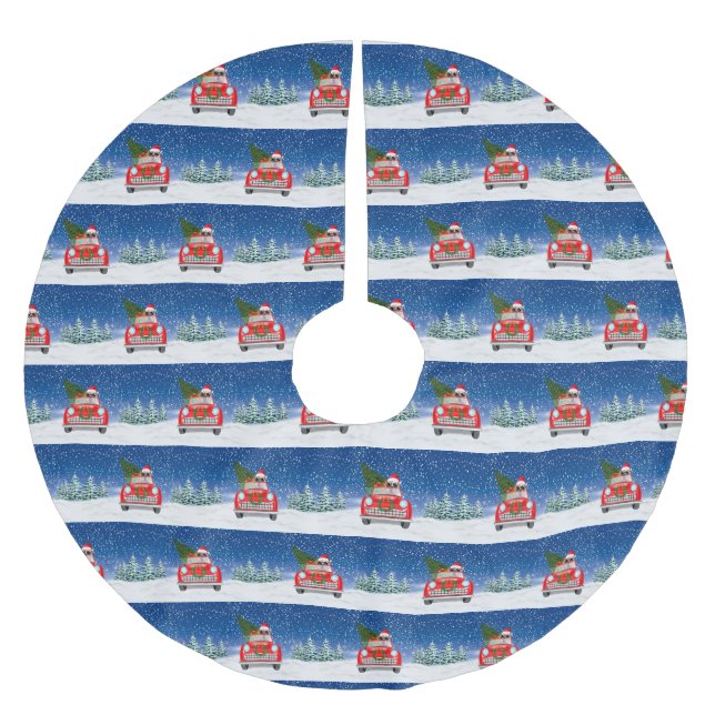 English Bulldog Driving Car In Snow Christmas  Brushed Polyester Tree Skirt (Front)