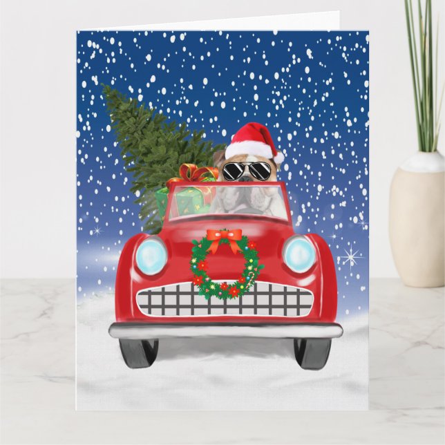 English Bulldog Driving Car In Snow Christmas  Card (Front)