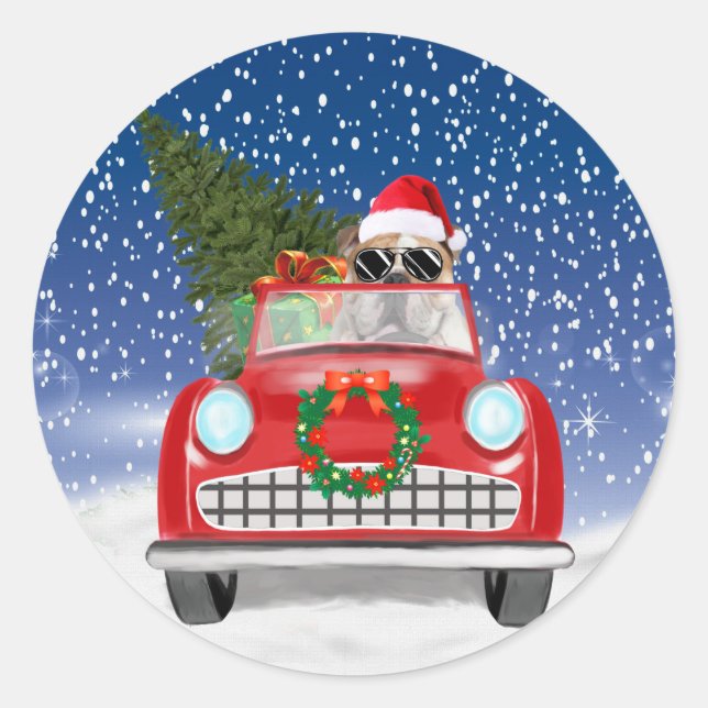 English Bulldog Driving Car In Snow Christmas Classic Round Sticker (Front)