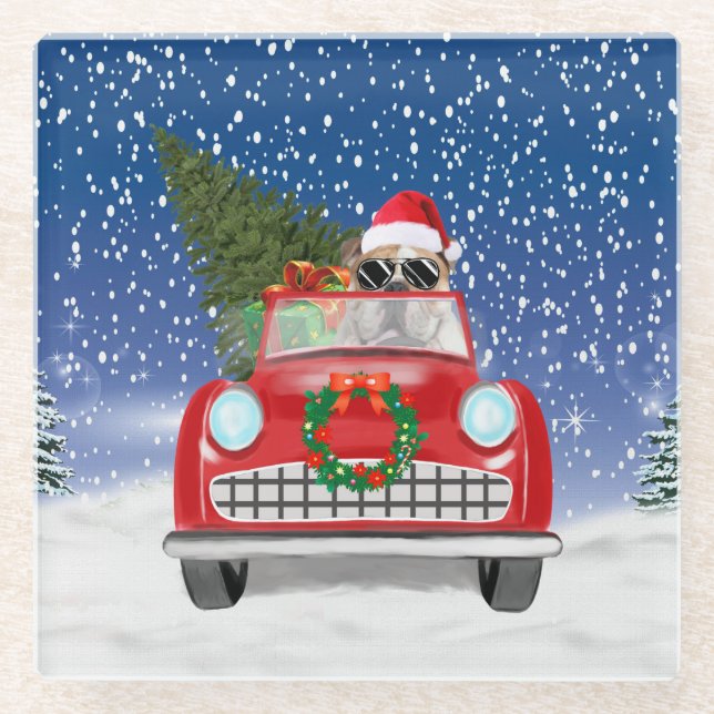 English Bulldog Driving Car In Snow Christmas  Glass Coaster (Front)