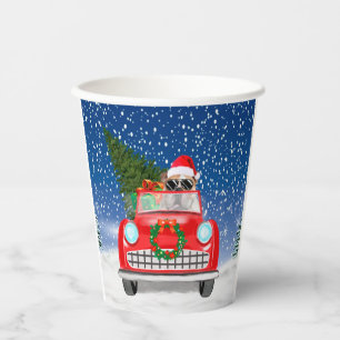 English Bulldog Driving Car In Snow Christmas Paper Cups