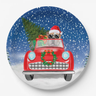 English Bulldog Driving Car In Snow Christmas Paper Plate