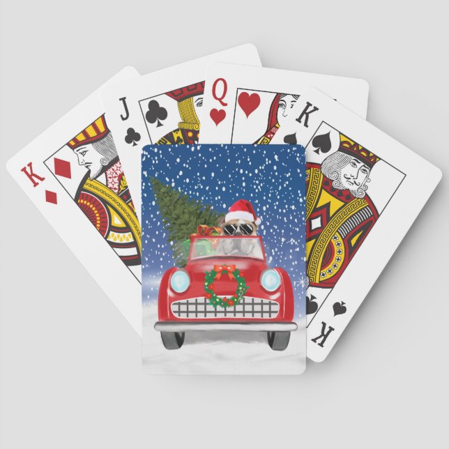 English Bulldog Driving Car In Snow Christmas  Playing Cards (Back)