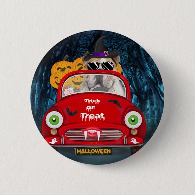 English Bulldog Driving Car Scary Halloween 6 Cm Round Badge (Front)
