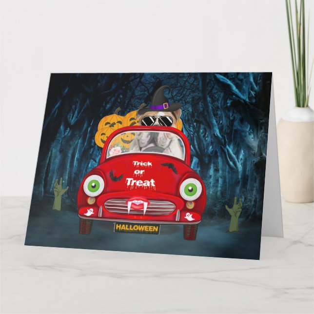 English Bulldog Driving Car Scary Halloween  Card (Front)