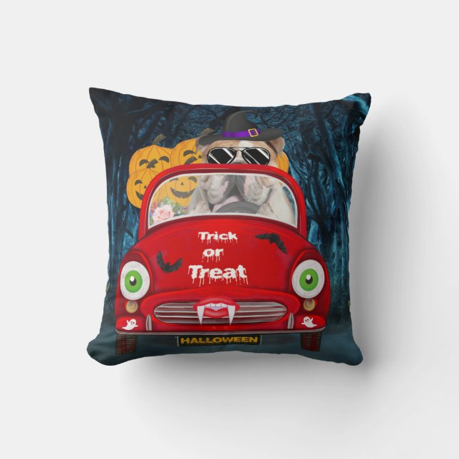 English Bulldog Driving Car Scary Halloween Cushion (Front)