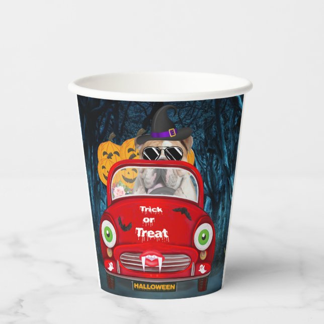 English Bulldog Driving Car Scary Halloween Paper Cups (Front)