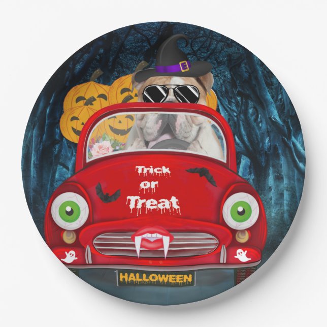 English Bulldog Driving Car Scary Halloween  Paper Plate (Front)