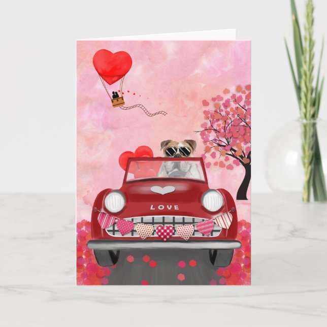 English Bulldog Driving Car with Hearts Valentine' Card (Front)