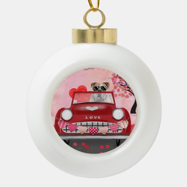 English Bulldog Driving Car with Hearts Valentine' Ceramic Ball Christmas Ornament (Front)