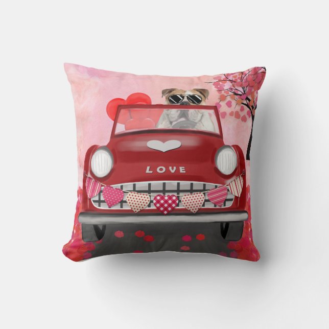 English Bulldog Driving Car with Hearts Valentine' Cushion (Front)