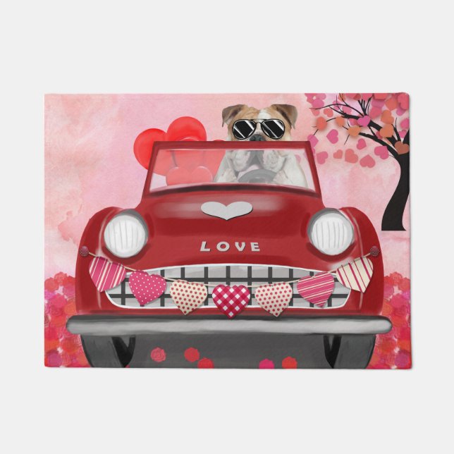 English Bulldog Driving Car with Hearts Valentine' Doormat (Front)