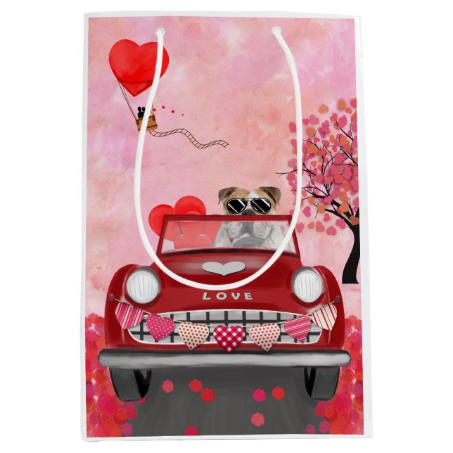English Bulldog Driving Car with Hearts Valentine' Medium Gift Bag (Front)