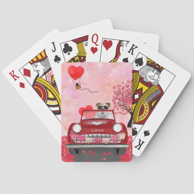 English Bulldog Driving Car with Hearts Valentine' Playing Cards (Back)