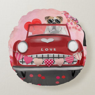 English Bulldog Driving Car with Hearts Valentine' Round Cushion