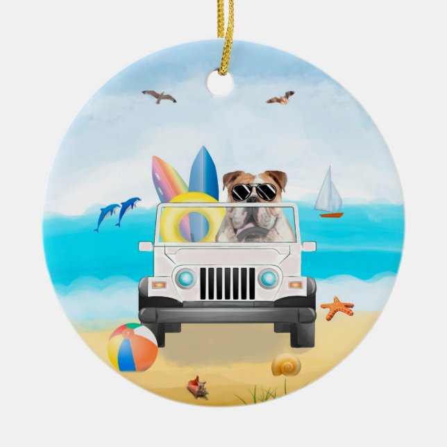 english bulldog Driving on Beach  Ceramic Tree Decoration (Front)