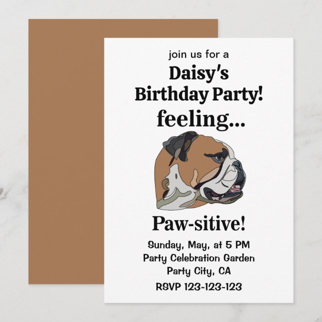English Bulldog Feeling Pawsitive Birthday Party Invitation (Front/Back)