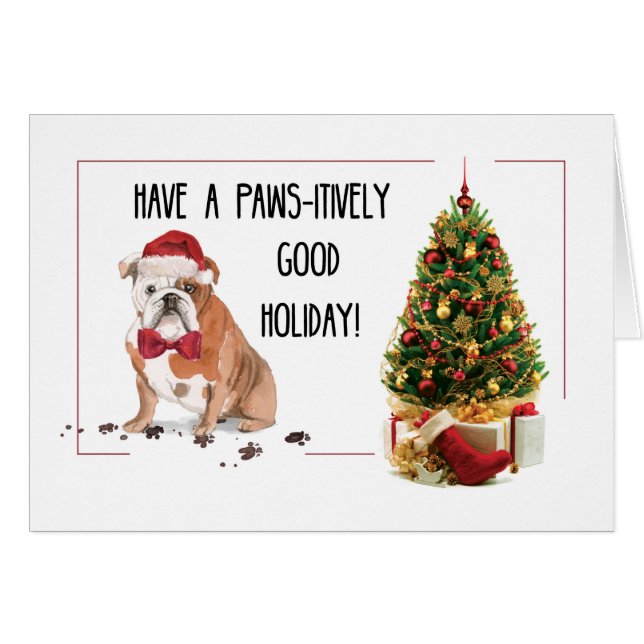 English Bulldog Funny Christmas Dog with Tree (Front Horizontal)