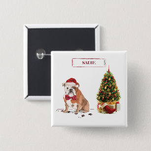 English Bulldog Funny Christmas Dog with Tree 15 Cm Square Badge