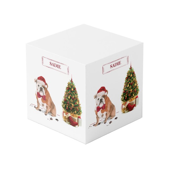 English Bulldog Funny Christmas Dog with Tree Cube (Back Angled)