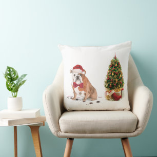 English Bulldog Funny Christmas Dog with Tree Cushion