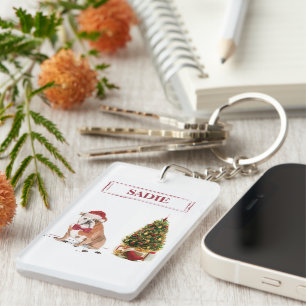 English Bulldog Funny Christmas Dog with Tree Key Ring
