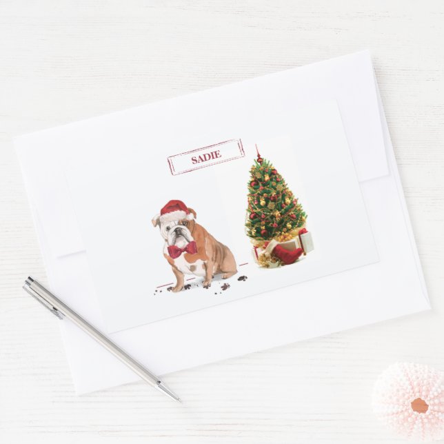 English Bulldog Funny Christmas Dog with Tree Rectangular Sticker (Envelope)