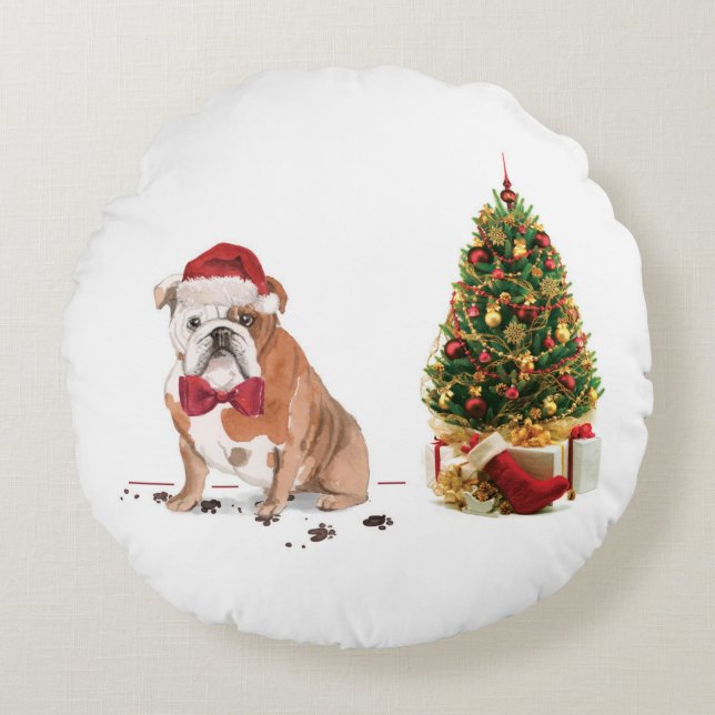 English Bulldog Funny Christmas Dog with Tree Round Cushion (Front)