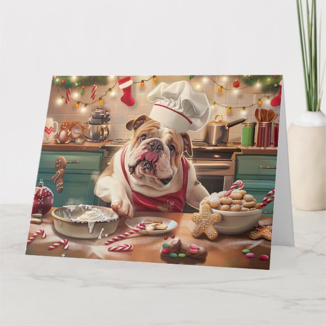 English Bulldog Holiday Baking: Festive Christmas Card (Front)