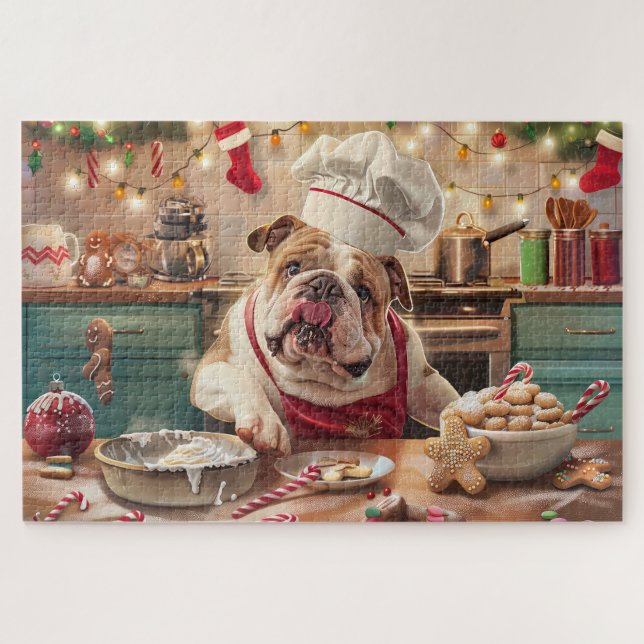 English Bulldog Holiday Baking: Festive Christmas Jigsaw Puzzle (Horizontal)