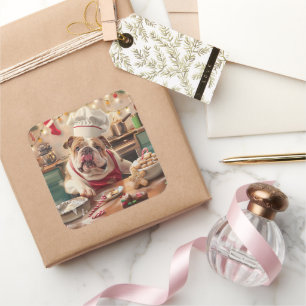 English Bulldog Holiday Baking: Festive Christmas Square Sticker